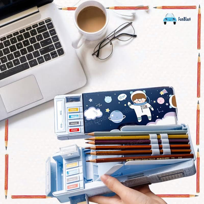 Ziloty Plastic Pencil Box with Code Lock Pen Case Large Capacity Multi-Layer Multi-Function Storage Bag Secret Compartment Pencil Box for Kids- Multi-Color (Astronaut)