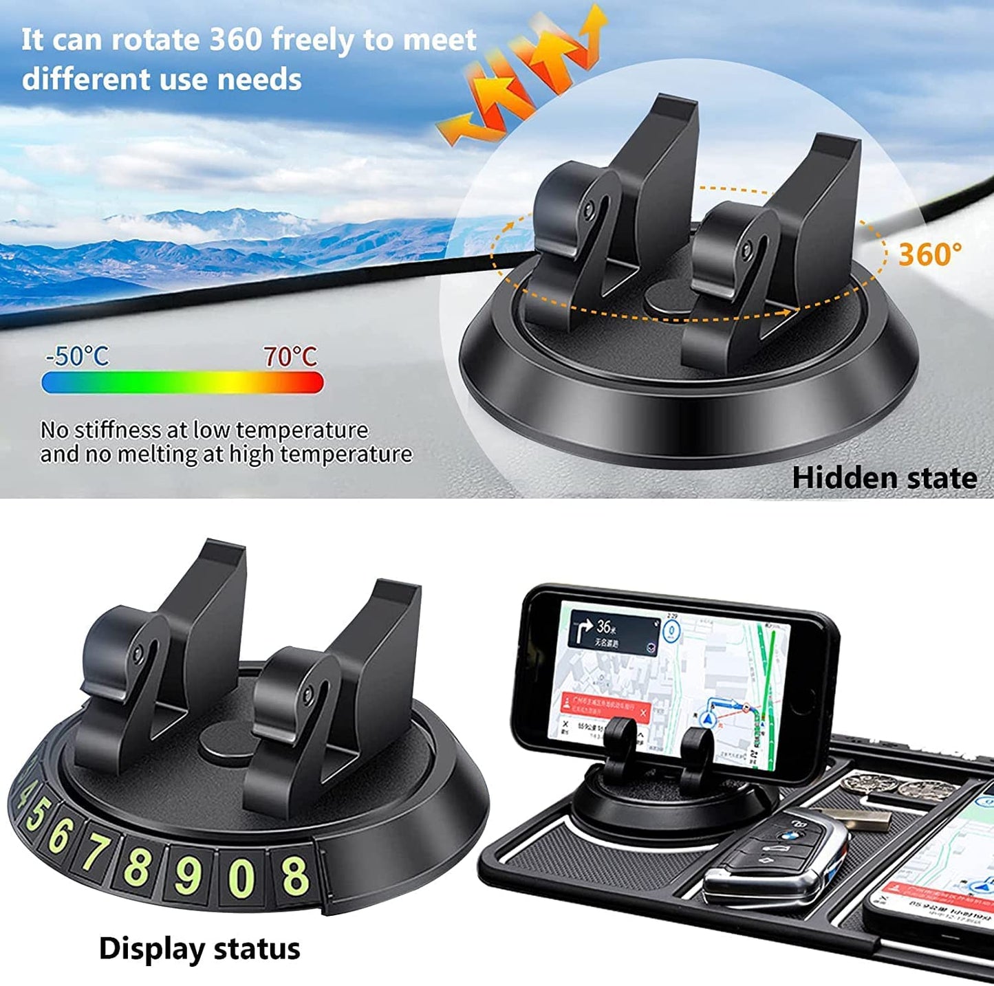 Ziloty Car Non Slip Dashboard Mat 4-in-1 Multifunctional 360°Rotating Phone Holder Phone Pad with Temporary Car Parking Number & 2 Perfume Aromatherapy Anti-Shake Pad Universal Phone Holder (Red)