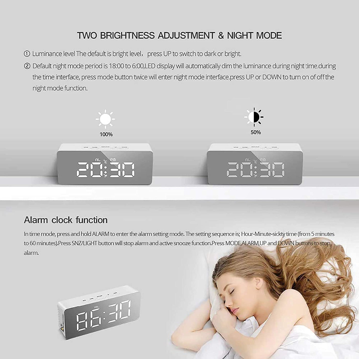 Ziloty Digital Mirror Clock, Alarm Clock Table Office Clock with Date Time Temperature Sensor -Plastic,Multicolor,Standard
