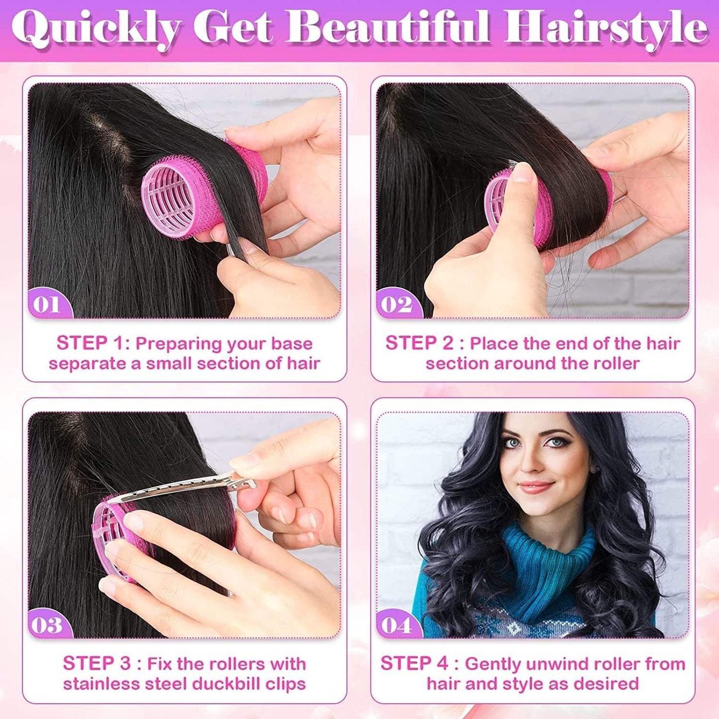 Ziloty multicolored Hair Curler Rollers for Women, 6pcs Self Grip Magic Hair Roller Clips Hairdressing Kit for Long Medium Short Hair with 12 Bang Clips & 1 Comb