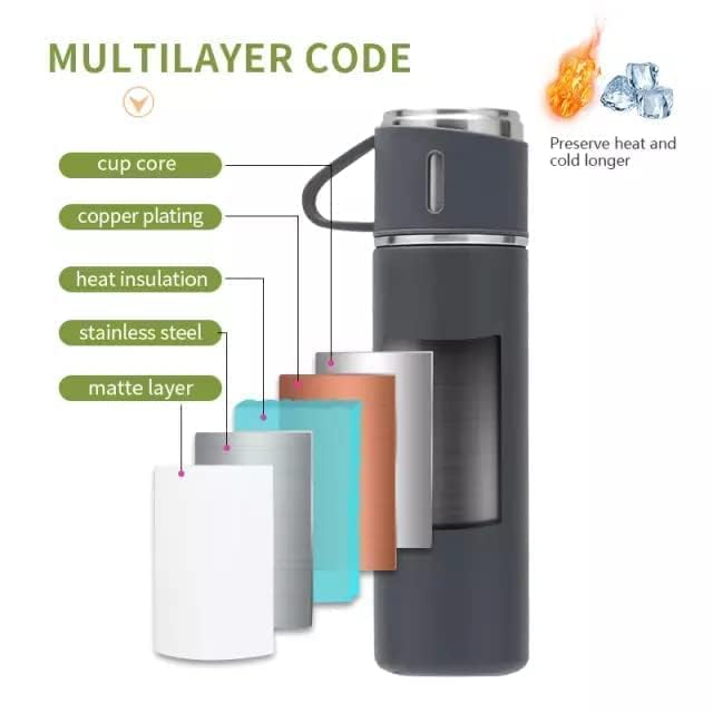 Ziloty Stainless Steel Vacuum Flask Set with 3 Steel Cups Combo for Hot and Cold Drink Flask Bottle 500ml