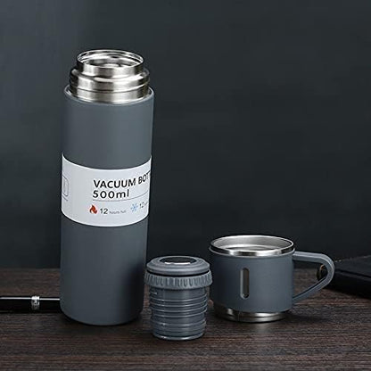 Ziloty Stainless Steel Vacuum Flask Set with 3 Steel Cups Combo for Hot and Cold Drink Flask Bottle 500ml