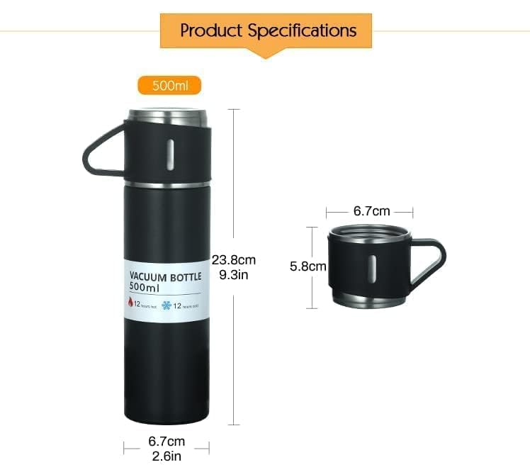 Ziloty Stainless Steel Vacuum Flask Set with 3 Steel Cups Combo for Hot and Cold Drink Flask Bottle 500ml