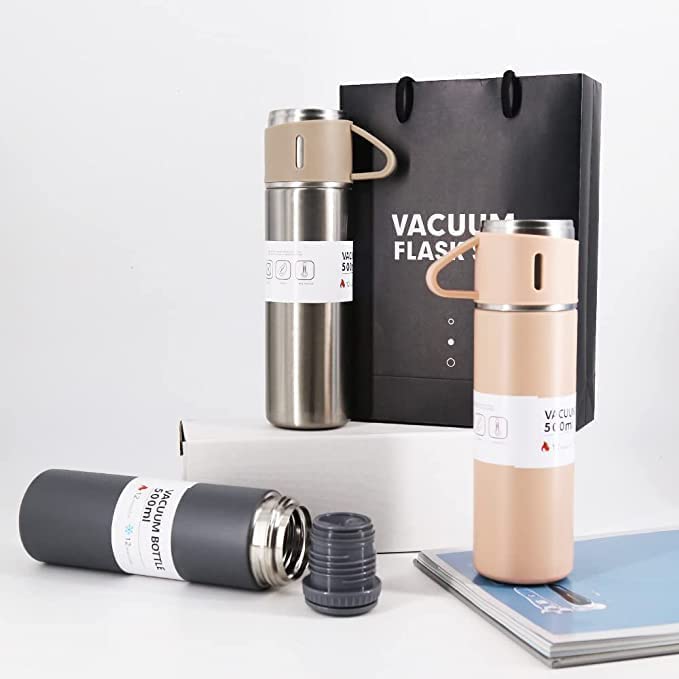Ziloty Stainless Steel Vacuum Flask Set with 3 Steel Cups Combo for Hot and Cold Drink Flask Bottle 500ml