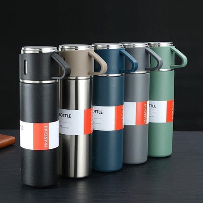 Ziloty Stainless Steel Vacuum Flask Set with 3 Steel Cups Combo for Hot and Cold Drink Flask Bottle 500ml