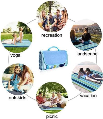 Ziloty Picnic Blanket | Beach Picnic mat for Indoor & Outdoor, 80" x 57" Sandproof Waterproof Larger Mat for Travel, Camping, Hiking, Park Grass,Handy Mat Tote, Foldable (Blue Line, Fabric)