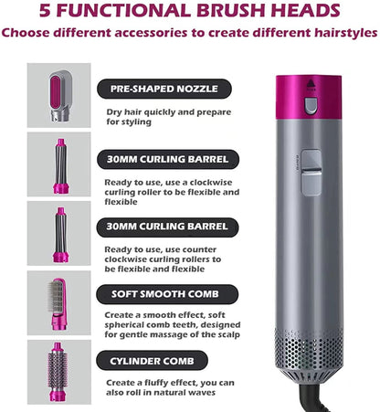 Ziloty Hot Air Brush for 5 in 1 Hot Air Styler Hair Dryer Comb Multifunctional Styling Tool Fast Heating Crimper Wand Manual Curler in All Hair Type, Negative Ion Comb for Straightening Special Warranty