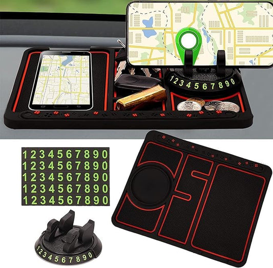 Ziloty Car Non Slip Dashboard Mat 4-in-1 Multifunctional 360°Rotating Phone Holder Phone Pad with Temporary Car Parking Number & 2 Perfume Aromatherapy Anti-Shake Pad Universal Phone Holder (Red)