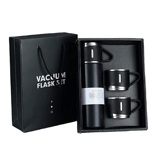 Ziloty Stainless Steel Vacuum Flask Set with 3 Steel Cups Combo for Hot and Cold Drink Flask Bottle 500ml