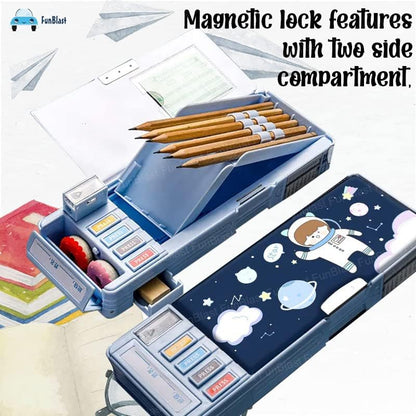 Ziloty  Plastic Pencil Box with Code Lock Pen Case Large Capacity Multi-Layer Multi-Function Storage Bag Secret Compartment Pencil Box for Kids- Multi-Color (Astronaut)