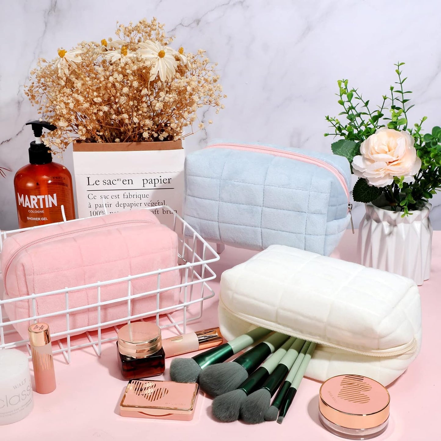 Ziloty 1 Pcs Plush Makeup Bag Checkered Cosmetic Bag Cosmetic Travel Bag Large Zipper Travel Toiletry Bag Portable Multi Functional Capacity Bag Cute Makeup Brushes Storage Bag for Women, Pink, Blue, White, pink, blue, white, approx. 4.13 x 6.69 inches