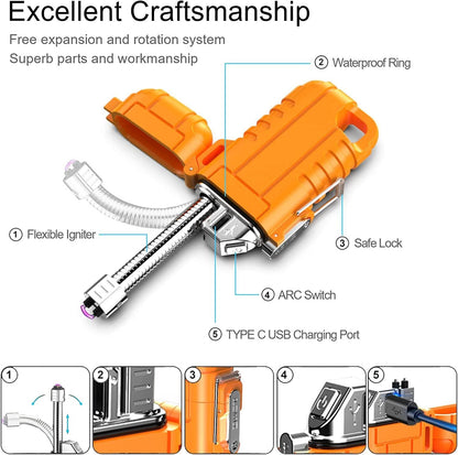 Ziloty Rechargeable Electric Lighter with 360° Flexible Long Neck for Candle Grill, Waterproof USB Arc Lighters with Lanyard and Hanging Hole, Windproof Plasma Flameless Lighter