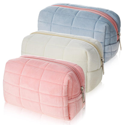 Ziloty 1 Pcs Plush Makeup Bag Checkered Cosmetic Bag Cosmetic Travel Bag Large Zipper Travel Toiletry Bag Portable Multi Functional Capacity Bag Cute Makeup Brushes Storage Bag for Women, Pink, Blue, White, pink, blue, white, approx. 4.13 x 6.69 inches