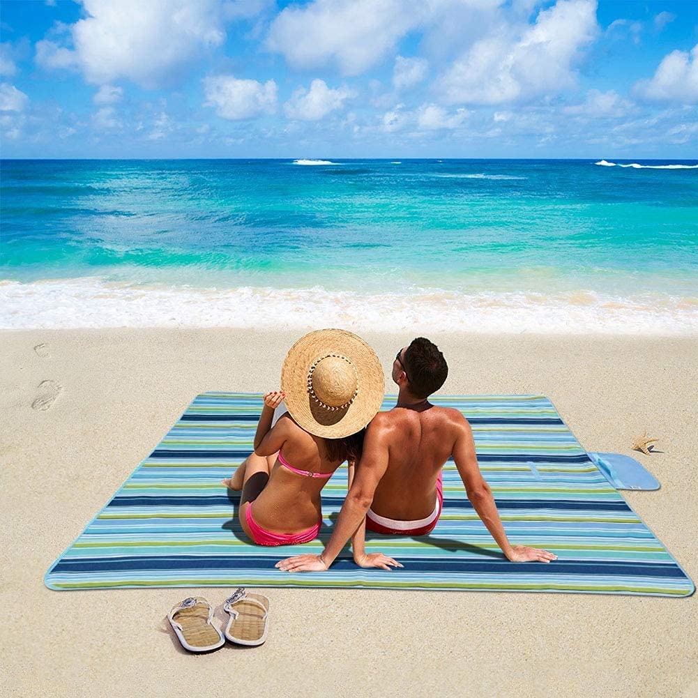 Ziloty Picnic Blanket | Beach Picnic mat for Indoor & Outdoor, 80" x 57" Sandproof Waterproof Larger Mat for Travel, Camping, Hiking, Park Grass,Handy Mat Tote, Foldable (Blue Line, Fabric)