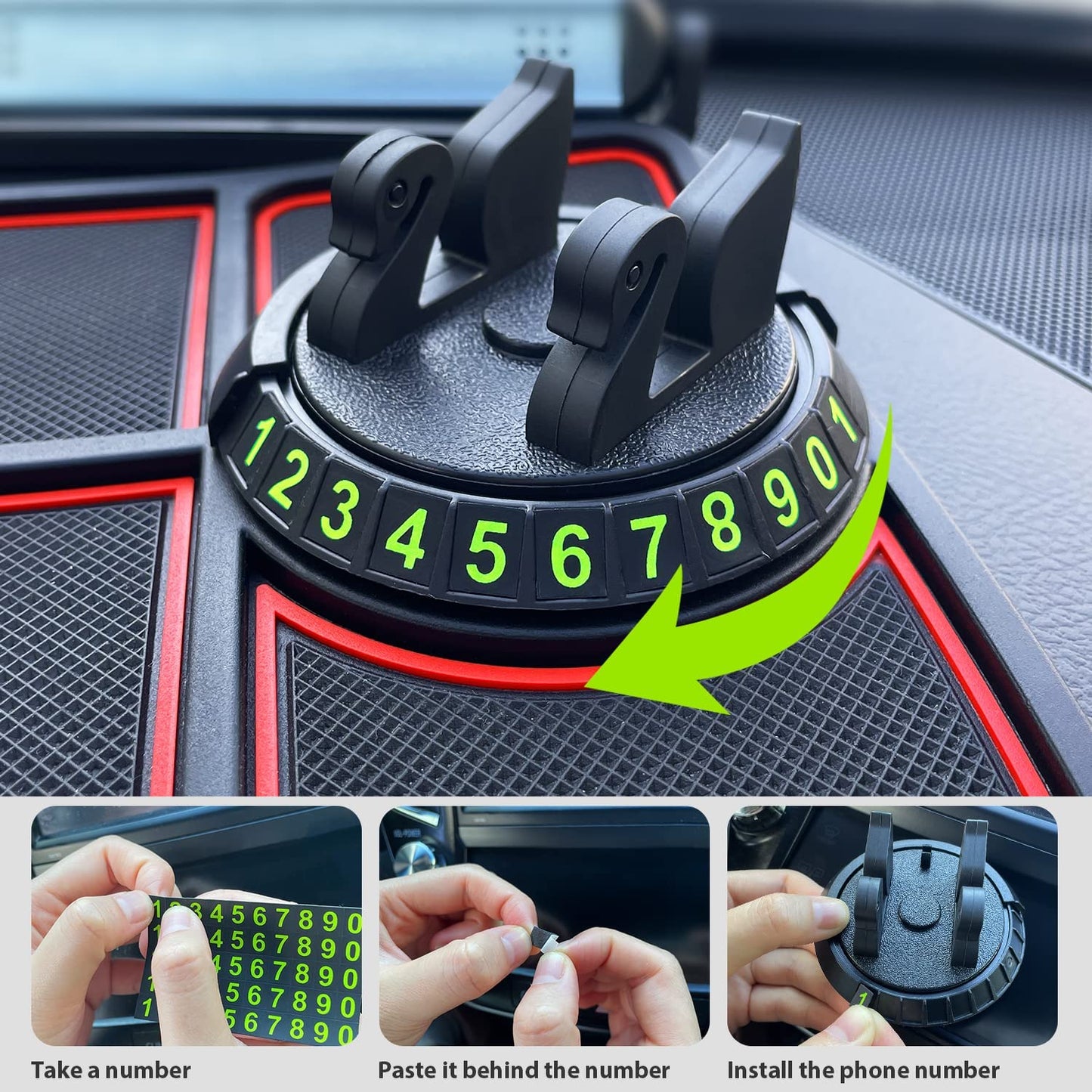 Ziloty Car Non Slip Dashboard Mat 4-in-1 Multifunctional 360°Rotating Phone Holder Phone Pad with Temporary Car Parking Number & 2 Perfume Aromatherapy Anti-Shake Pad Universal Phone Holder (Red)