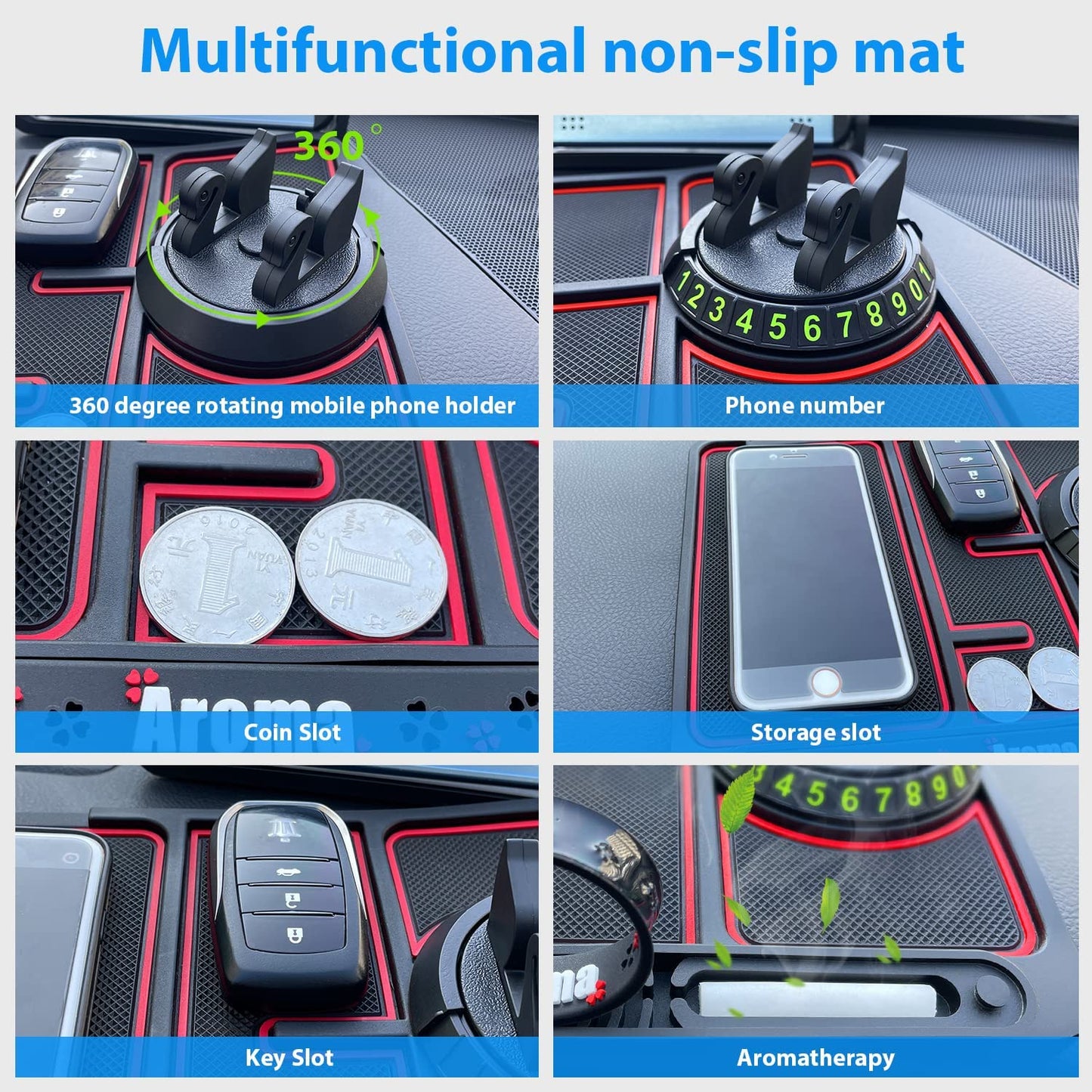 Ziloty Car Non Slip Dashboard Mat 4-in-1 Multifunctional 360°Rotating Phone Holder Phone Pad with Temporary Car Parking Number & 2 Perfume Aromatherapy Anti-Shake Pad Universal Phone Holder (Red)