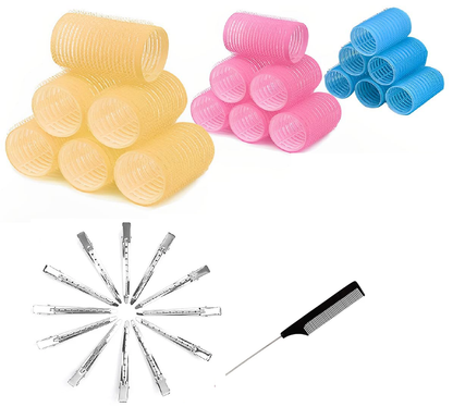 Ziloty multicolored Hair Curler Rollers for Women, 6pcs Self Grip Magic Hair Roller Clips Hairdressing Kit for Long Medium Short Hair with 12 Bang Clips & 1 Comb